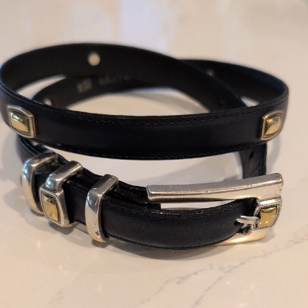 Elegant Brighton Black Leather Belt with Silver & Brass Accents Size M